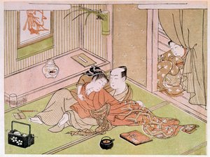 Couple caressing under the gaze of the handmaid