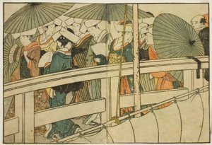 Crossing a Bridge in Summer, from the illustrated book "Picture Book: Flowers of the Four Seasons" by Kitagawa Utamaro