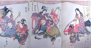 Kintaro, Urashimataro, and Momotaro, from the triptych "Set of Three Sake Cups for the First Month" by Kitagawa Utamaro