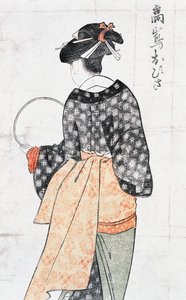 Ohisa from Takashima teahouse, woman in kimono with fan, ukiyo-e art print, Japanese civilization, Edo period by Kitagawa Utamaro