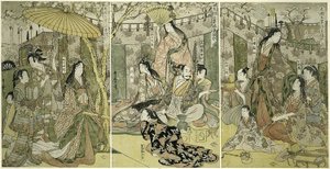 Picture of Hideyoshi and his Five Wives Viewing Cherry Blossoms at Higashiyama by Kitagawa Utamaro