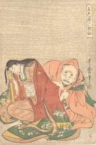 The Poet Sojo Henjo Slipping a Letter into a Woman’s Sleeve by Kitagawa Utamaro
