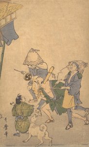 Three Revelers of the Lower Classes, Wearing Komuso Hats..., late 18th-early 19th century