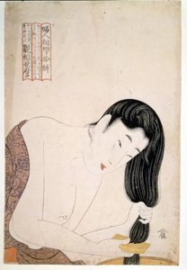 Woman painting herself. Artwork by Utamaro Kitagawa (1753-1806).