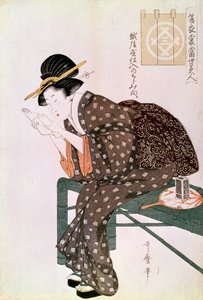 Woman reading. Made with a crepe of Echigoya. Summer Ensemble Series: Beauties of our time. Japanese print by Utamaro Kitagawa. 1804-1806. Paris, Guimet Museum, Asian Arts Museum by Kitagawa Utamaro