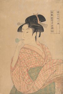 Young Woman Blowing a Popen glass noisemaker by Kitagawa Utamaro