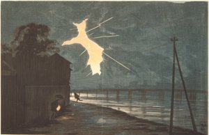 Thunder and Lightning over the Onmaya Bridge by Kiyochika Kobayashi