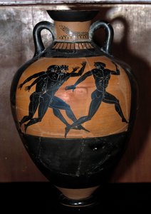 Greek Art: Panathenaic Ceramic Amphora with Black Figures Representing Athletes Running