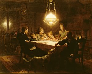 Family Supper in the Lamp Light, 19th Century by Knut Ekvall