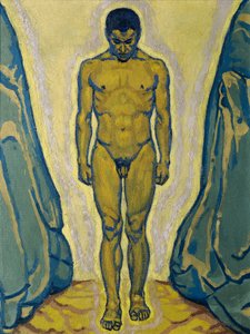 Standing Youth Nude Between Rocks