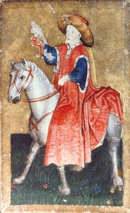 A mounted falconer, one of a set of playing cards depicting scenes of courtly hawking, Upper Rhein Area, c.1440-45