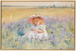 A Young Girl in a Field of Salvia, Oxeye Daisies and Meadow Foxtail by Konstantin Egorovich Makovsky