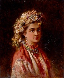 Young girl with flower garland by Konstantin Egorovich Makovsky