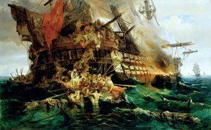 A Turkish Warship on Fire by Konstantinos or Constantin Bolanachi