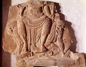 Clay brick stamped depicting a lord or deity dominating the malignant forces (Silla period)
