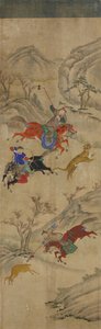 Hunting Scene (3 riders hunting deer and tiger) by Korean School