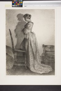 Marie Grubbe, shortly after the divorce from Ulrik Frederik Gyldenløve. Full figure standing in profile to the left by Kristian Zahrtmann