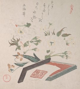 Cherry Blossoms and Seal-box with Ink and Ruler by Kubo Shunman