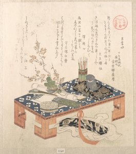“Desk with Writing Set and Plum Flowers,” from the series Ise Calendars for the Asakusa Group (Asakusa-gawa Ise goyomi) From the Spring Rain Collection (Harusame shū), vol. 2 by Kubo Shunman