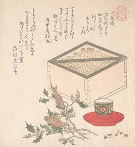 Green Peas in a Measure and Sprays of Hollyhock with Heads of Sardines, 19th century by Kubo Shunman