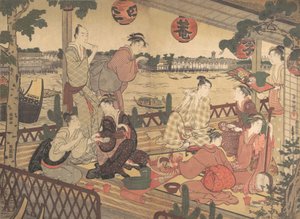 Two Young Men and Several Women Dining at a Tea-house on the Bank of the Sumida River
