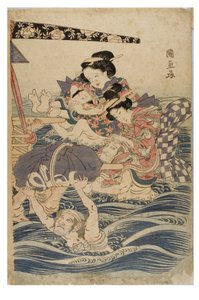 Spring scene of young women on a journey by Kuninaga Utagawa