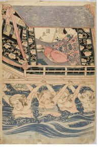 Spring scene of young women on a journey by Kuninaga Utagawa