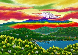 Rainbow-Colored Mt. Fuji Beyond the City by Kunio Ota