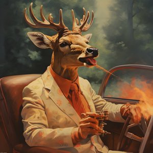 A Deer with a Cigar in His Mouth Driving a Convertible Automobile 2