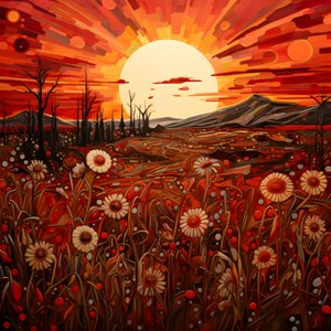 Abstract Landscape Art Featuring a Field of Wildflowers and a Bold Red Sun by Kurt Heppke