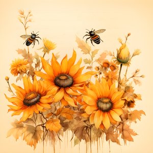 Watercolor Sunflowers and Bees Silhouettes Filled with Handwritten Autumn Poems 2 by Kurt Heppke