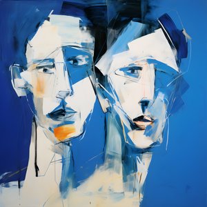 Painting of Two Heads Against a Blue Background 3 by Kurt Heppke