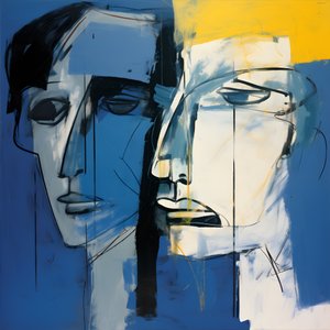 Painting of Two Heads Against a Blue Background 4 by Kurt Heppke