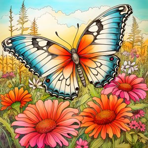 Butterfly in a Meadow with a Trellis of Flowers 2 by Kurt Heppke