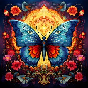 Butterfly in the Center, Symmetrical, with Flowers in the Background 2