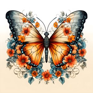 Butterfly in the Center, Symmetrical, with Flowers in the Background 3