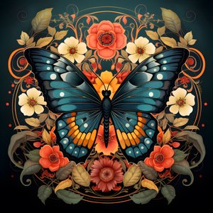Butterfly in the Center, Symmetrical, with Flowers in the Background 4