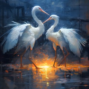 beautiful, magnificent, cinematic painting, two cranes kissing in the rain 1