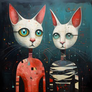 Two Anthropomorphic Cats, Tomcat and Cat, Kubrickian Synthetic 3 by Kurt Heppke