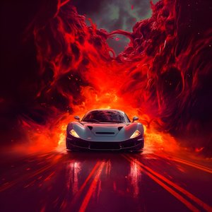 A luxury car on a path with glowing red background