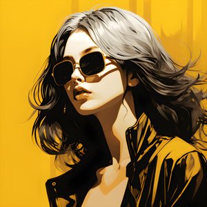 An Illustration of a Girl Wearing Yellow Sunglasses with Hair on Her Face and with Ears, in the Style of Film Noir Aesthetic 2