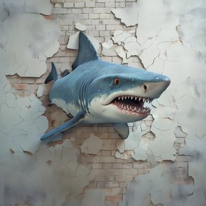 A Blue Shark with a Painted Face on an Old Wall