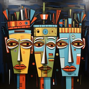 A Painting Shows a Group of Four Heads on a Wall 1