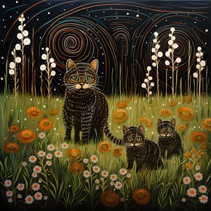 A Cat Nursing Her Kittens in Tall Green Grass in Front of the House 1 by Kurt Heppke