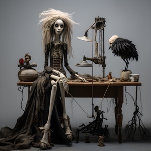 A Large Doll on a Table with a Skeleton on It 4
