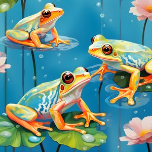 Seamless pattern of a painting of pretty orange and yellow cartoon frogs sitting on lily foliage on the water in watercolor rain 2