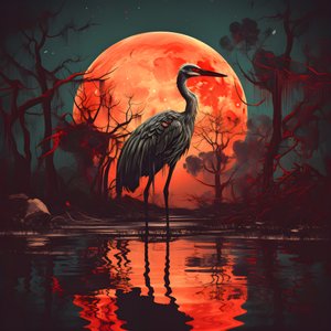 Water and a Big Bird Standing in the Evening Setting for Full Moon 1