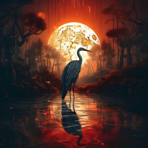 Water and a Big Bird Standing in the Evening Setting for Full Moon 3