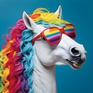 White Horse with Rainbow Glasses on Blue Background 1