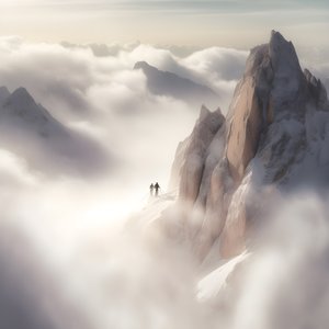Two People Skiing Over a Cloudy Mountain 2